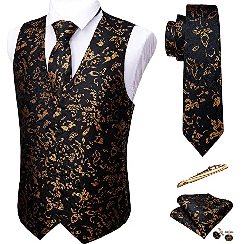 Barry.Wang Mens Blue Vest Paisley Flower Formal/Leisure Silk Waistcoat Tie Set 5PCS Wedding Tuxedo