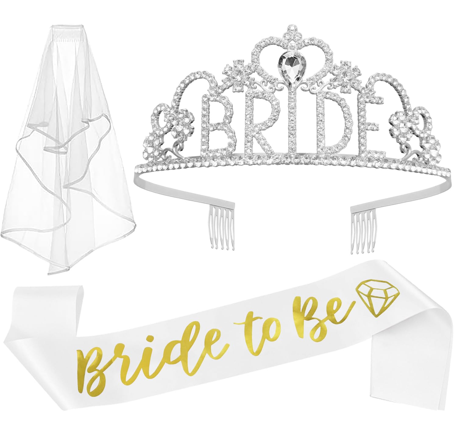 JETKONG 3 Pcs Bachelorette Party Decorations "BRIDE" Crown, Bride to Be Sash&Veil for Women Bachelorette Party Gifts, Bridal Shower Supplies, Gifts, Favors (Silver)