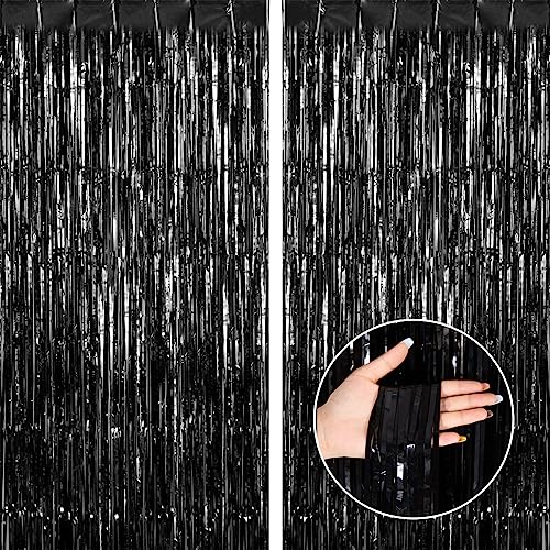 Thicken Black Foil Fringe Curtains Decorations 3.2x8.2ft - 2 Pack, Photo Backdrop for Birthday Bachelorette Bridal Shower Baby Shower Graduation Party, Party Streams Decor