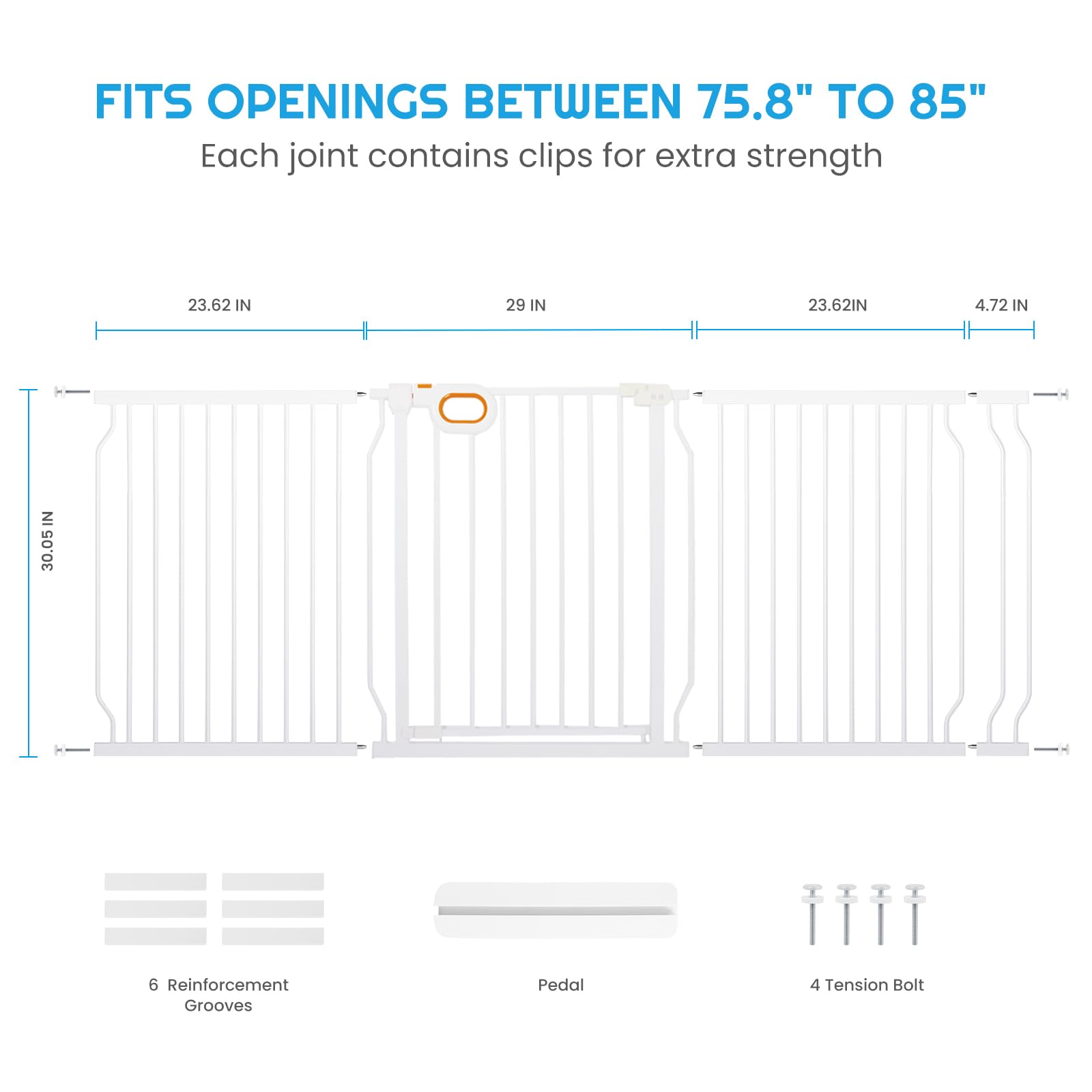 owlie Baby Gate Indoor 75-85 Inch, Extra Wide Safety Gate for Baby Large Stairway Gate Adjustable Baby Gates Pressure Mount Wide Gates for Baby Pet Stairway Doorway No Drilling White (30.5'' Tall)