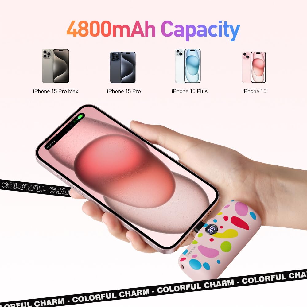 iWALK USB-C Portable Charger with Colorful Pattern, 20W PD Fast Charging 4800mAh Small Power Bank with LED Display, Compatible with iPhone 15/15 Plus/15 Pro/15 Pro Max, iPad, Airpods, Pink