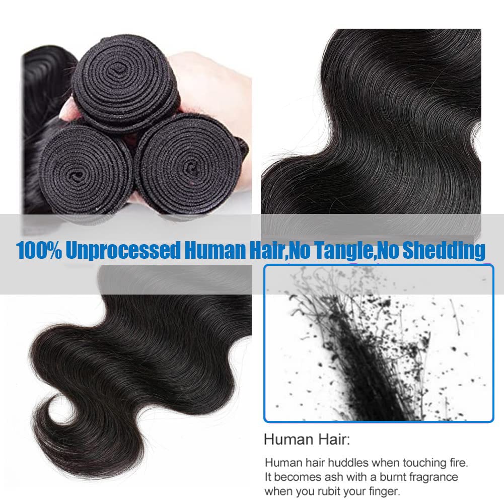 Body Wave Bundles with Closure Human Hair 3 Bundles with Closure(14 16 18+12) Brazilian Body Wave 100% Unprocessed Virgin Human Hair Bundles with 4x4 Lace Closure Free Part Natural Color Body Wave