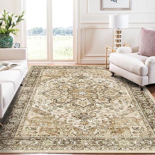 HILORUUG Washable Area Rug Vintage - Living Room Farmhouse Oriental Rug 5x8 Distressed Non-Slip Stain Resistant Carpet for Bedroom Dining Room Home Office (5x8 Beige/Brown)