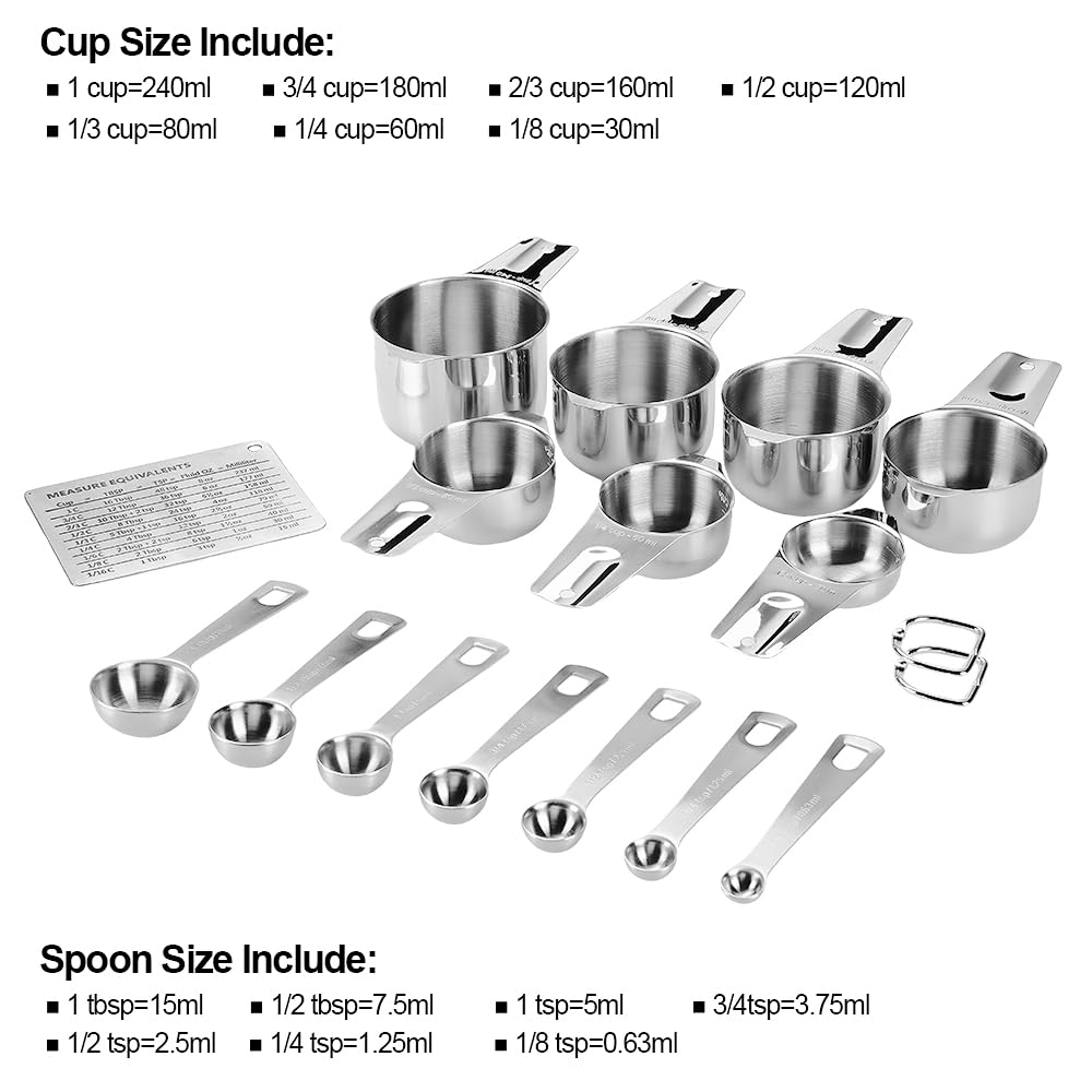 KUBEMUEG Measuring Cups and Spoons Set Heavy Duty 304 Metal Stainless Steel Measuring Cup Spoon Kitchen Gadgets for Cooking Baking (Set of 17)