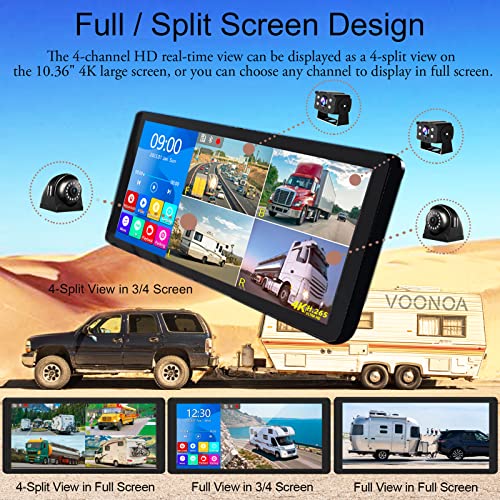 4K RV Backup Camera System 10.36" Quad Split Touch Screen Monitor with 4 1080P Rear Side View Camera, DVR Recording Bluetooth MP3 MP5 IP69 Waterproof Night Vision for RV Truck Trailer Tractor