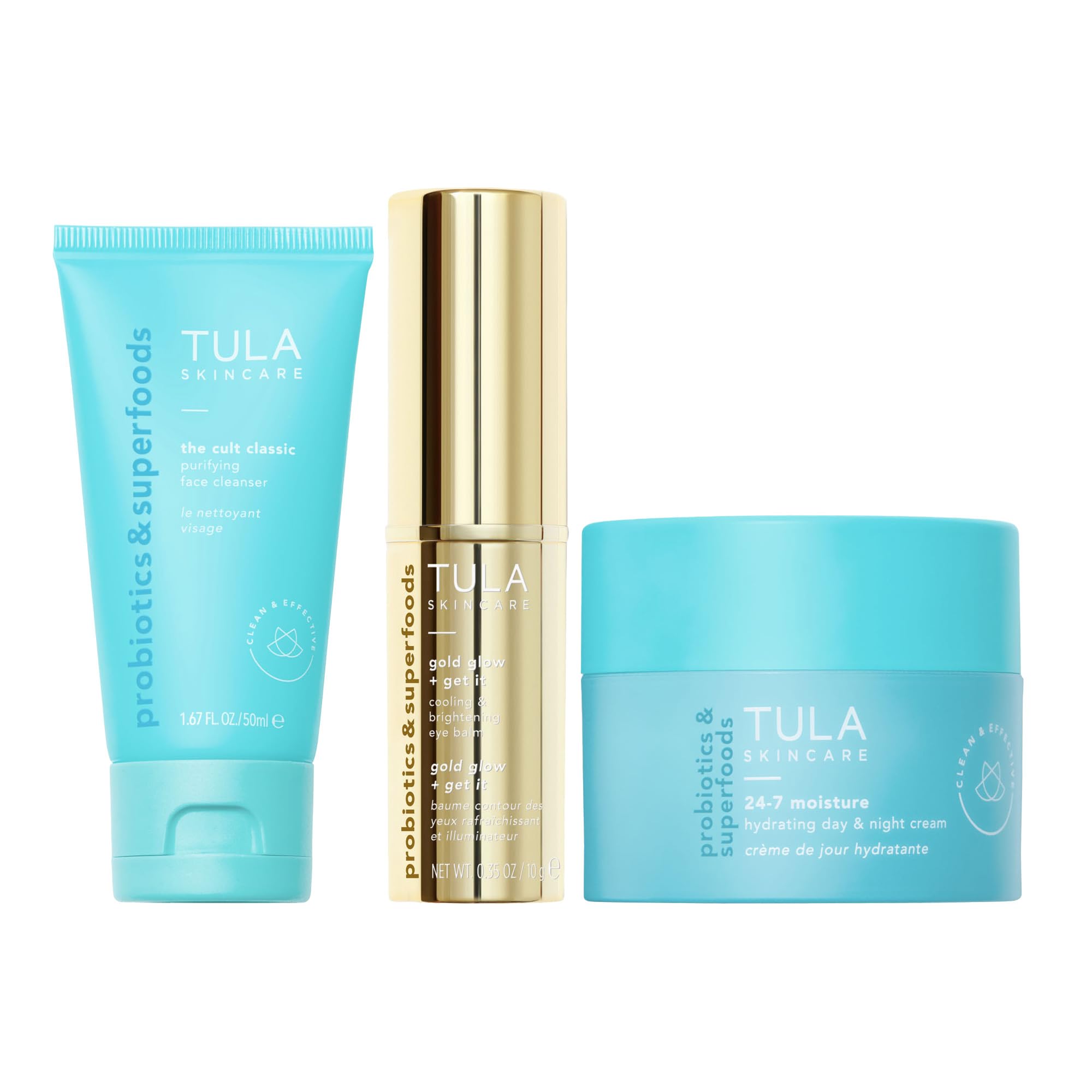 TULA Skin Care Greatest Hits Skincare Discovery Kit, Includes Gold Glow & Get It Eye Balm 0.35 oz., The Cult Classic Cleanser 50ml, 24-7 Moisture Hydrating Day & Night Cream 15ml, 3-Piece Kit