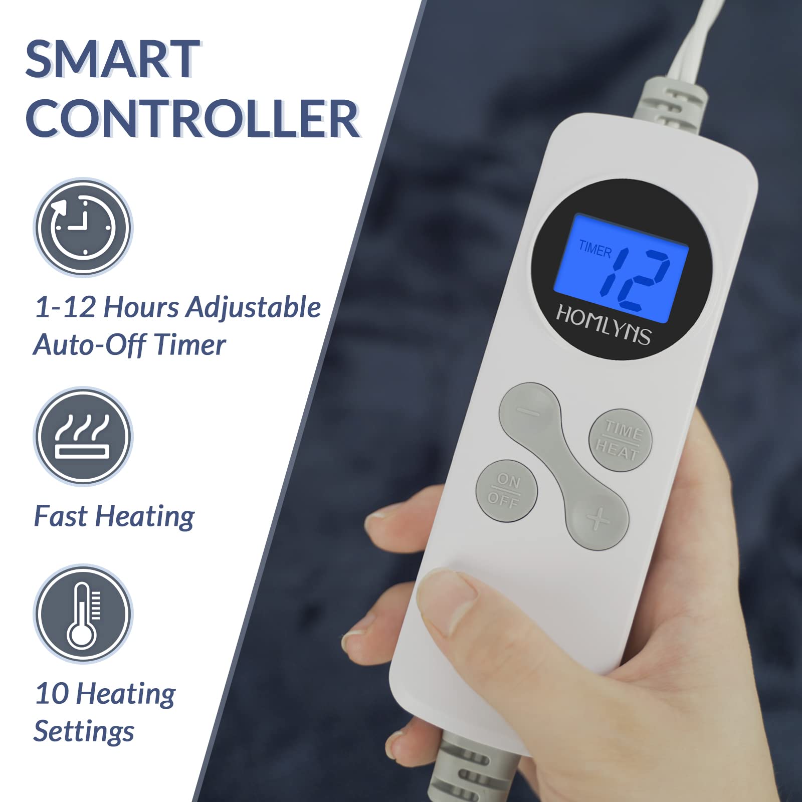 HOMLYNS Heated Blanket Twin Size, Electric Blanket with 1-12 hrs Timer Auto-Off & 10 Heating Levels, Double-Layer Flannel Heating Blanket with ETL Certification, Machine Washable (62”x 84”, Navy)