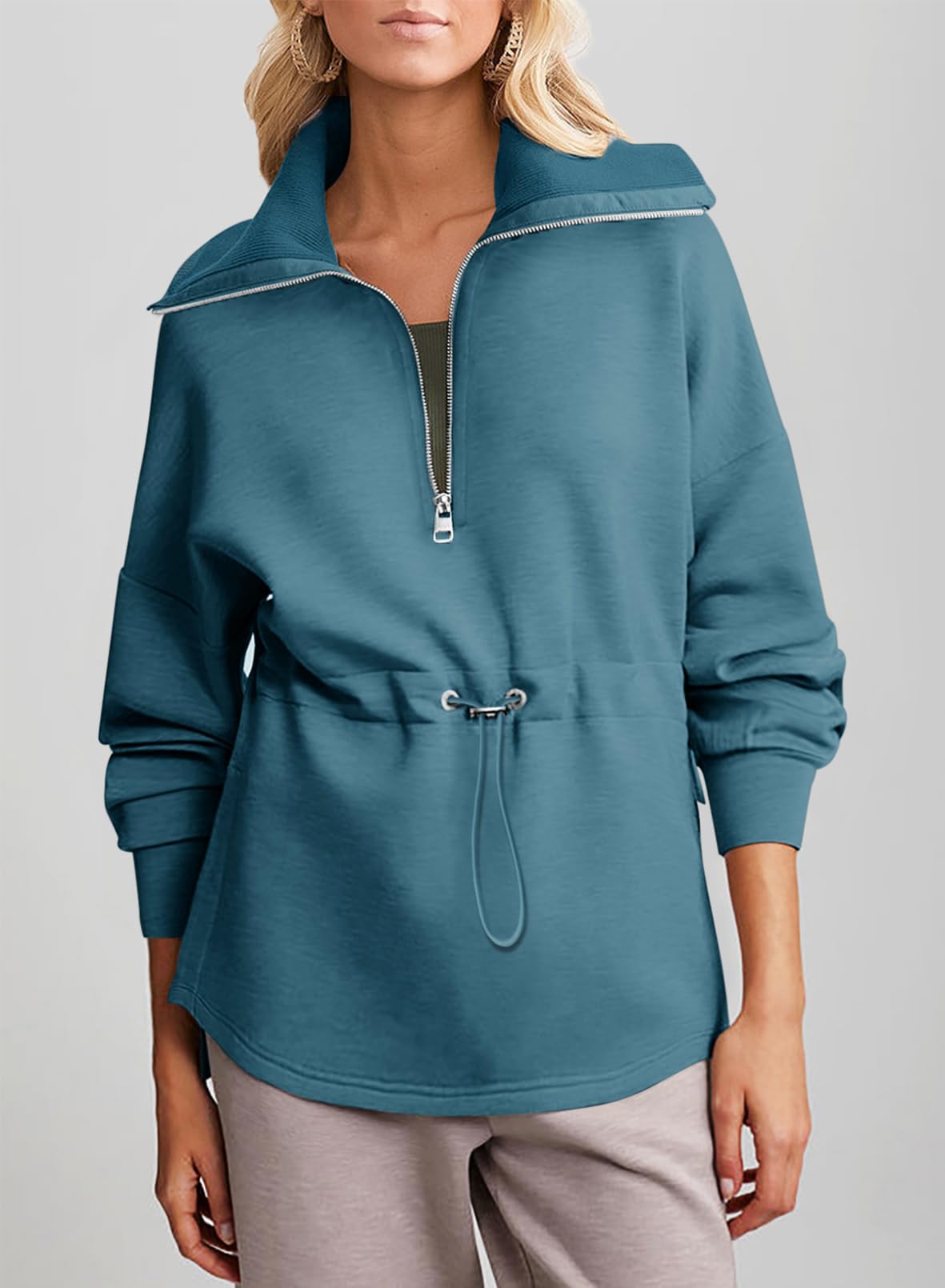 Dokotoo Hoodies for Women Zip Up Long Sleeve Drawstring Waist Casual Lightweight Soft Pullover Oversized Sweatshirt Quarter Zipper Sweatshirts Tunic Tops Fall Winter Outfits Clothes Blue XX-Large