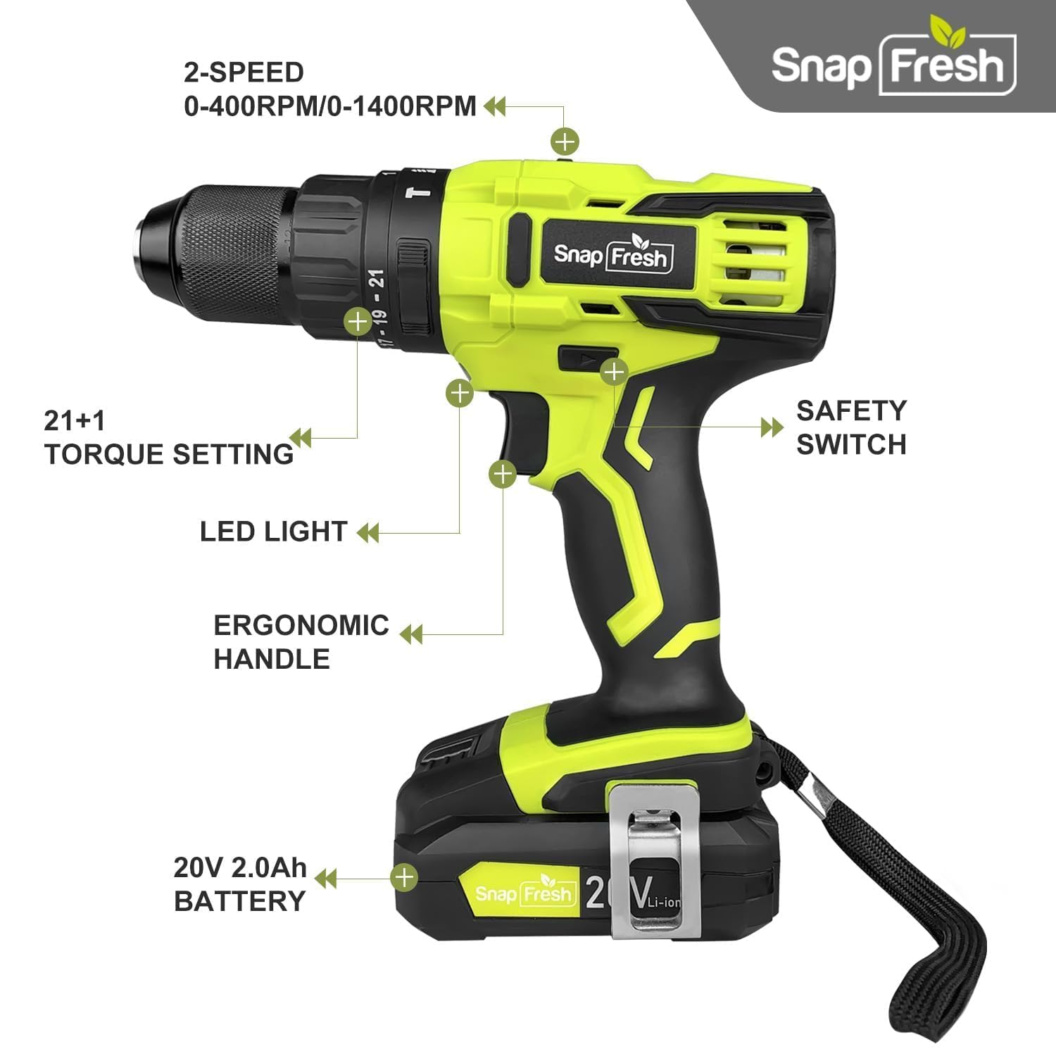 SnapFresh 20V Cordless Impact Drill-1/2" Power Drill/Driver Set,445in-lbs Torque Max,2 Variable Speeds, 43Pcs Bits w/case,2.0Ah Battery & Fast Charger Included, Power Tools
