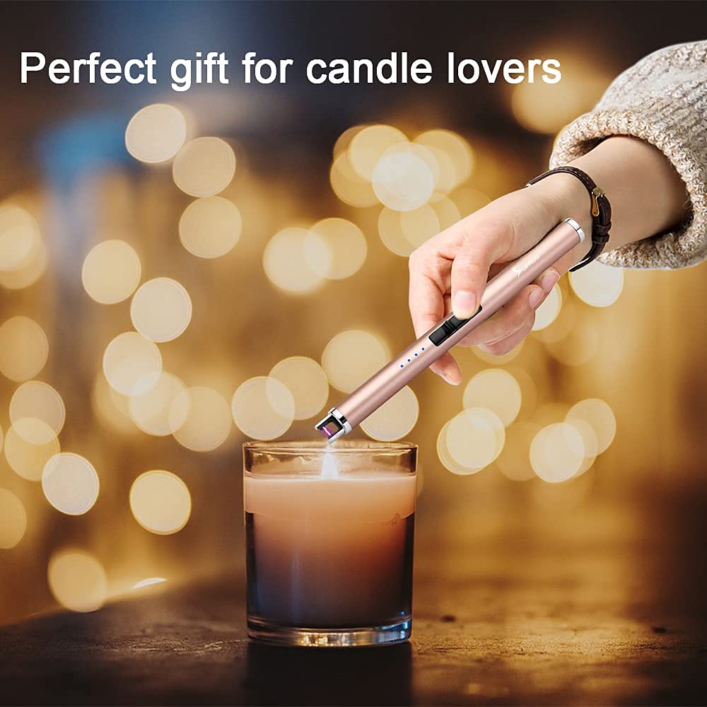 SUPRUS Lighter Electric Candle Lighter USB Type C Rechargeable Lighter with Upgraded LED Battery Display Safety Switch Flameless Plasma Windproof for Candle Cooking BBQs Fireworks (Champagne Gold)