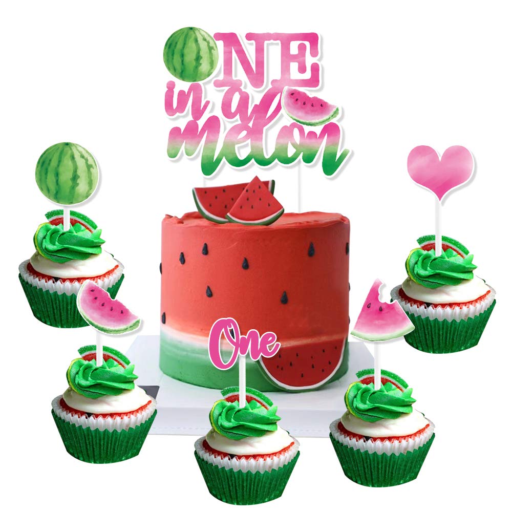 WERNNSAI Watermelon Cake and Cupcake Toppers - Pack of 31PCS Watermelon Cake Topper for Girls 1st Birthday Summer Tropical Fruit Watermelon Themed Party Cupcake Topper Picks Decorations