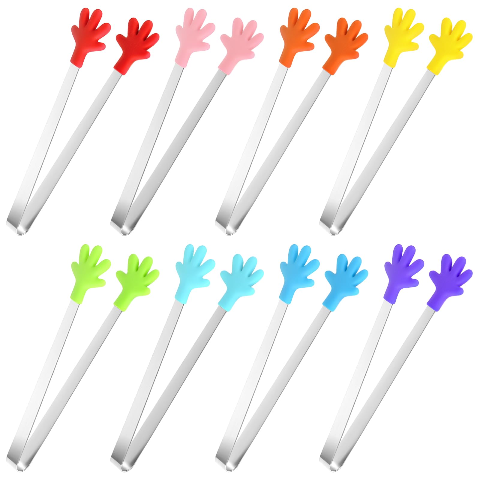 JXHAPY 8PCS Mini Food Tongs, Small Stainless Steel Tongs with Silicone Tips, for Ice Cube, fruits, Sugar, Barbecue, 5.3 inch，8 Colors (Palm shape)