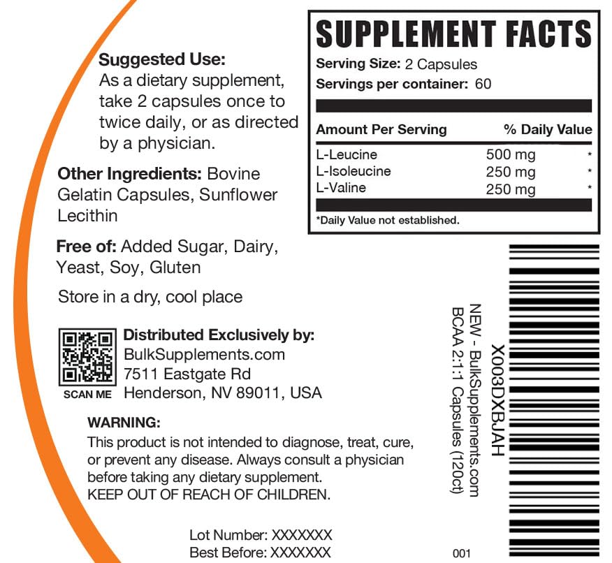 BulkSupplements.com BCAA 2:1:1 Capsules - Branched Chain Amino Acids, BCAA Supplements, BCAA Capsules - BCAA 1000mg, BCAA Pills - Gluten Free - 2 Capsules for Serving, 120 Capsules