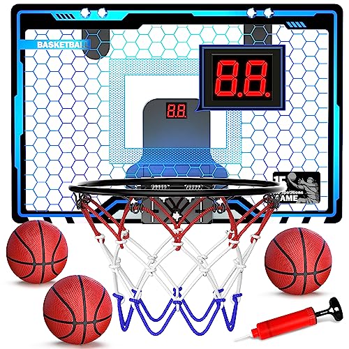 HopeRock Indoor Mini Basketball Hoop for Kids, Basketball Hoops Over The Door with LED Lighting, Mini Hoop with Scoreboard & 3 Balls, Basketball Toys Gifts for 5 6 7 8 9 10 11 12 Year Old Boys Girls