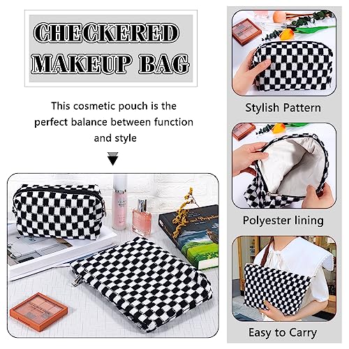 ZLFSRQ 2Pcs Checkered Makeup Bag for Women Large Capacity Cosmetic Bag Set Travel Makeup Pouch for Purse Zipper Toiletry Organizer Cute Y2K Aesthetic Trendy Makeup Brushes Storage Bag(Pink/Brown)