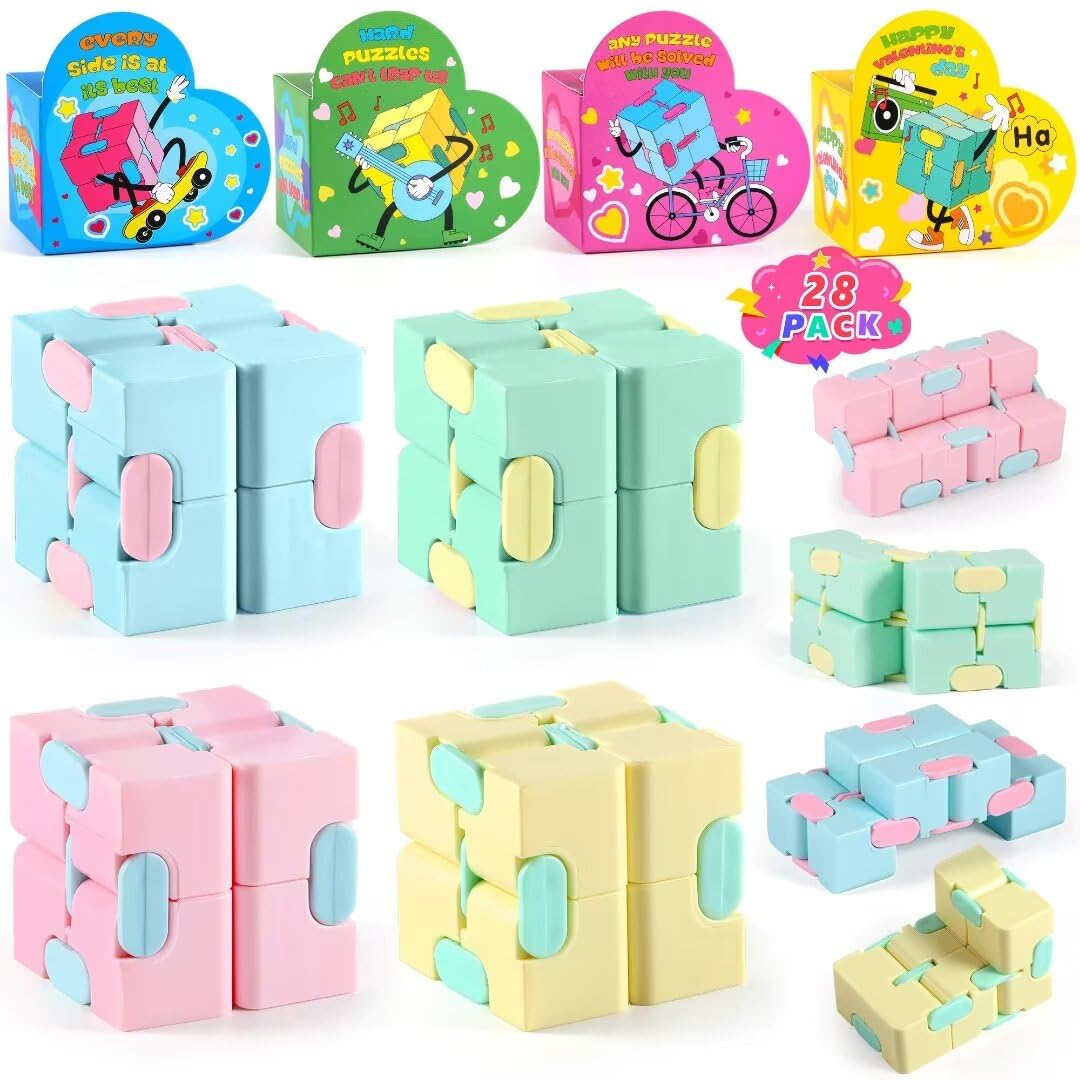 Loscola 28 Packs Valentines Day Gifts for Kids Classroom, Fidget Cube Toy with Valentines Boxes for Kids, Kids Valentines Day Cards, Valentines Cards for Kids Classroom Exchange Gift Valentines Prizes