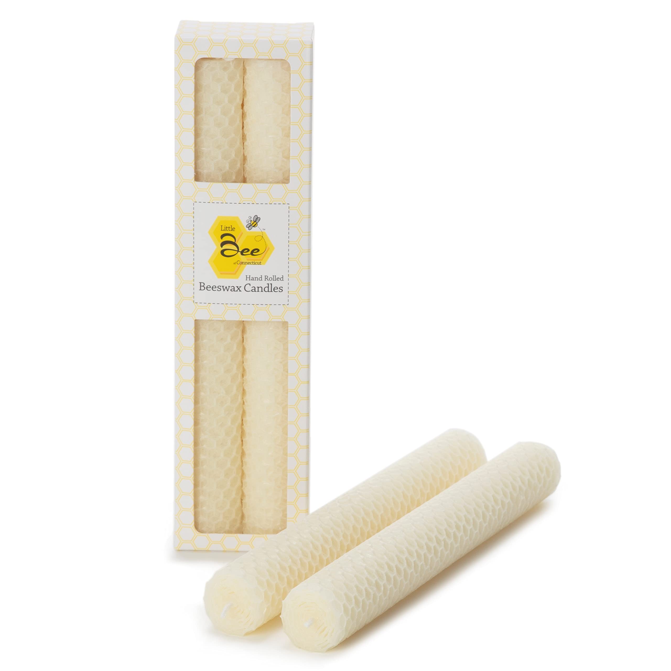 8 Inch Hand-Rolled Beeswax Taper Candles - Little Bee of Connecticut (Single Pair)