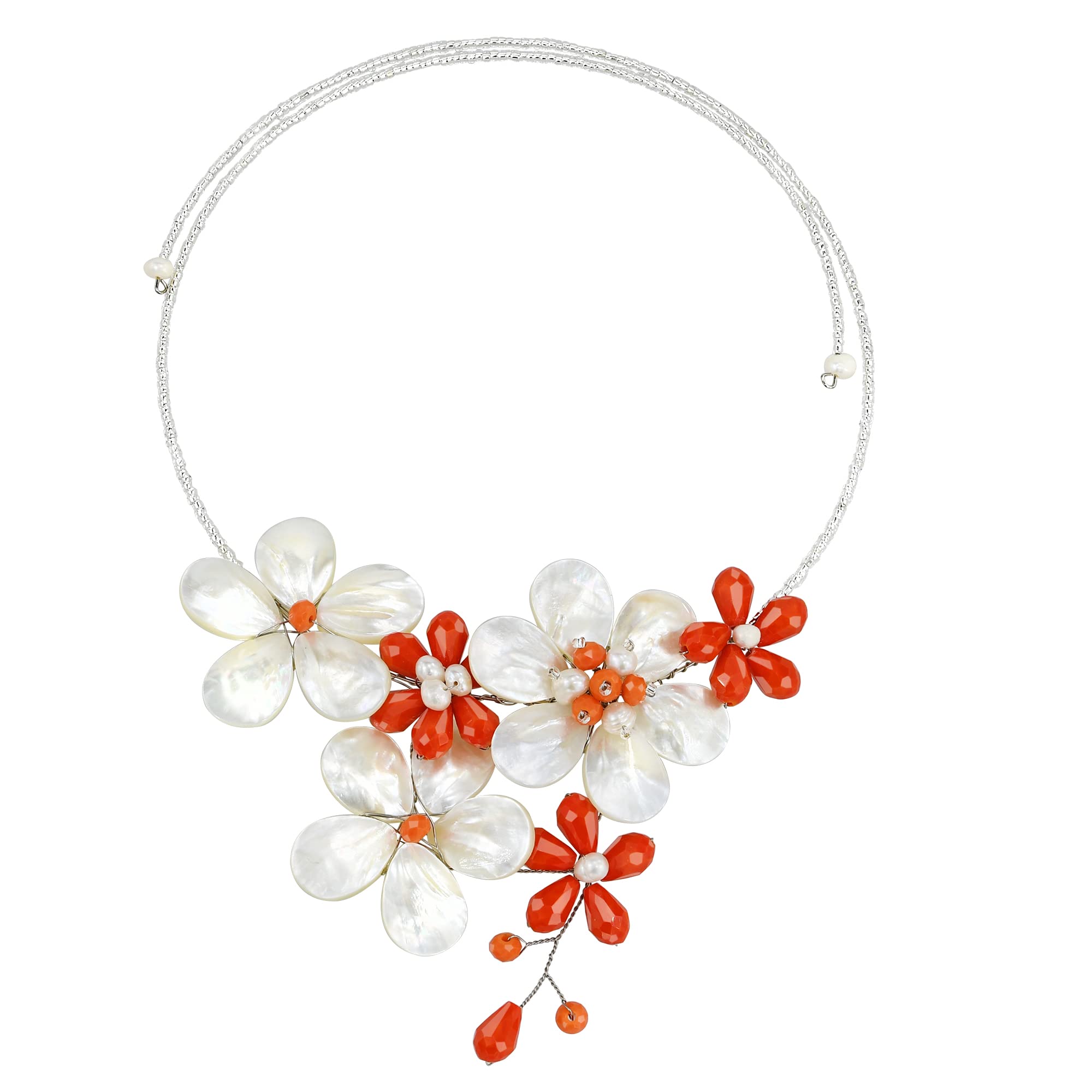 AeraVida Forest Statement Pearl Seashell Orange Glass Beads Flower Garden Choker Necklace | Elegant Handmade Jewelry for Women | Handmade Cultured Freshwater Pearl Necklace | Vintage Gifts for Women | Statement Floral Necklace | Anniversary Jewelry Gift