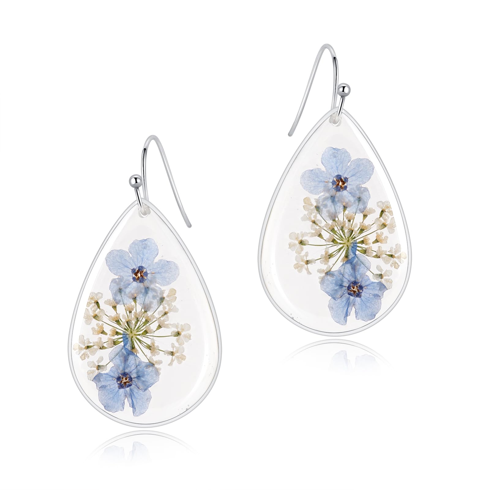 Forget-Me-Not Handmade Pressed Flower Earrings,Symbol Of Love And Innocence,Perfect For Your Birthday Party,Christmas,Gift Giving(Silver)