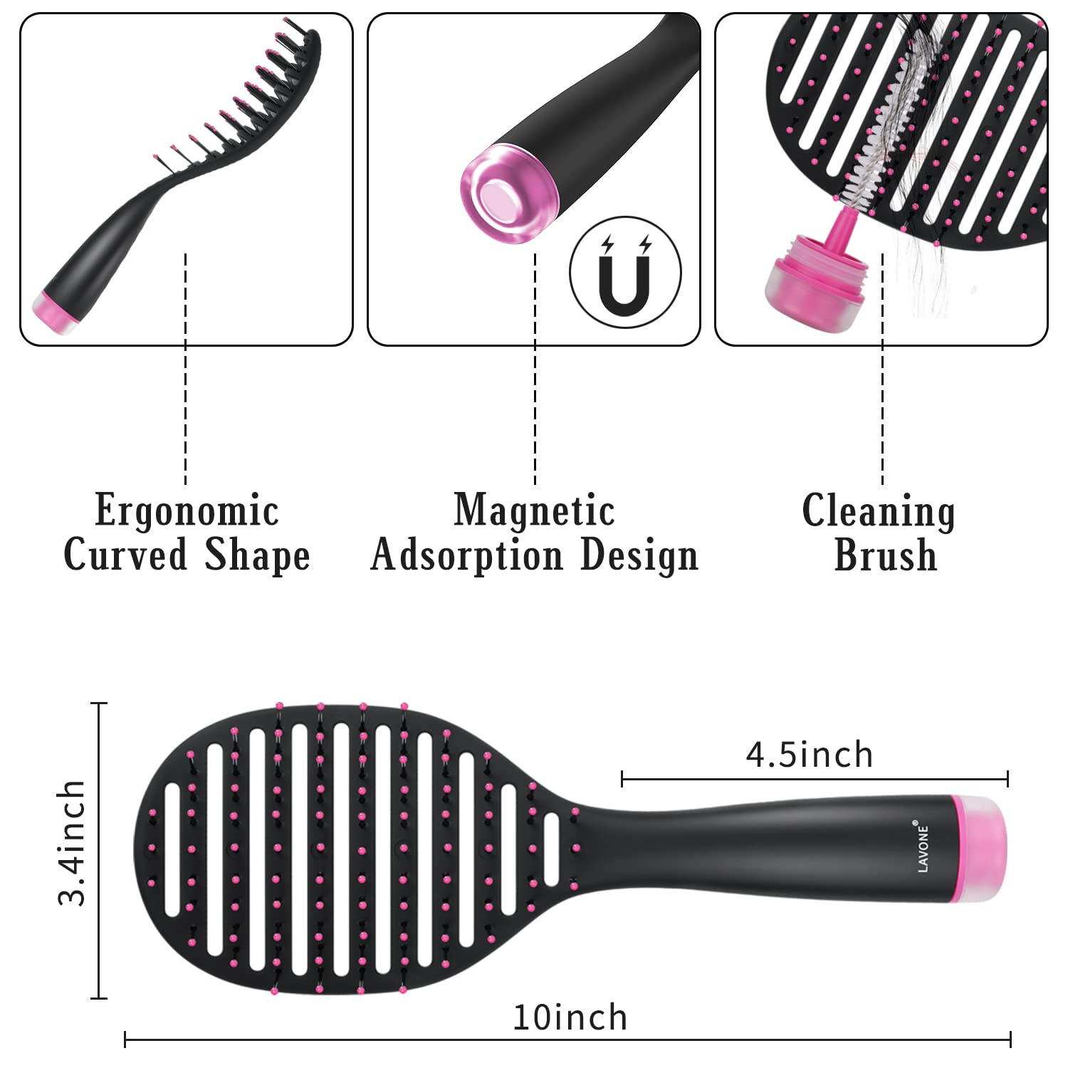 Hair Brush, Curved Vented Hairbrush Faster Blow Drying, Detangler Brush with a Built in Brush Cleaner, Hair Clips and Magnetic Holder, for women Men & Kids, Detangling Brush for All Hairs