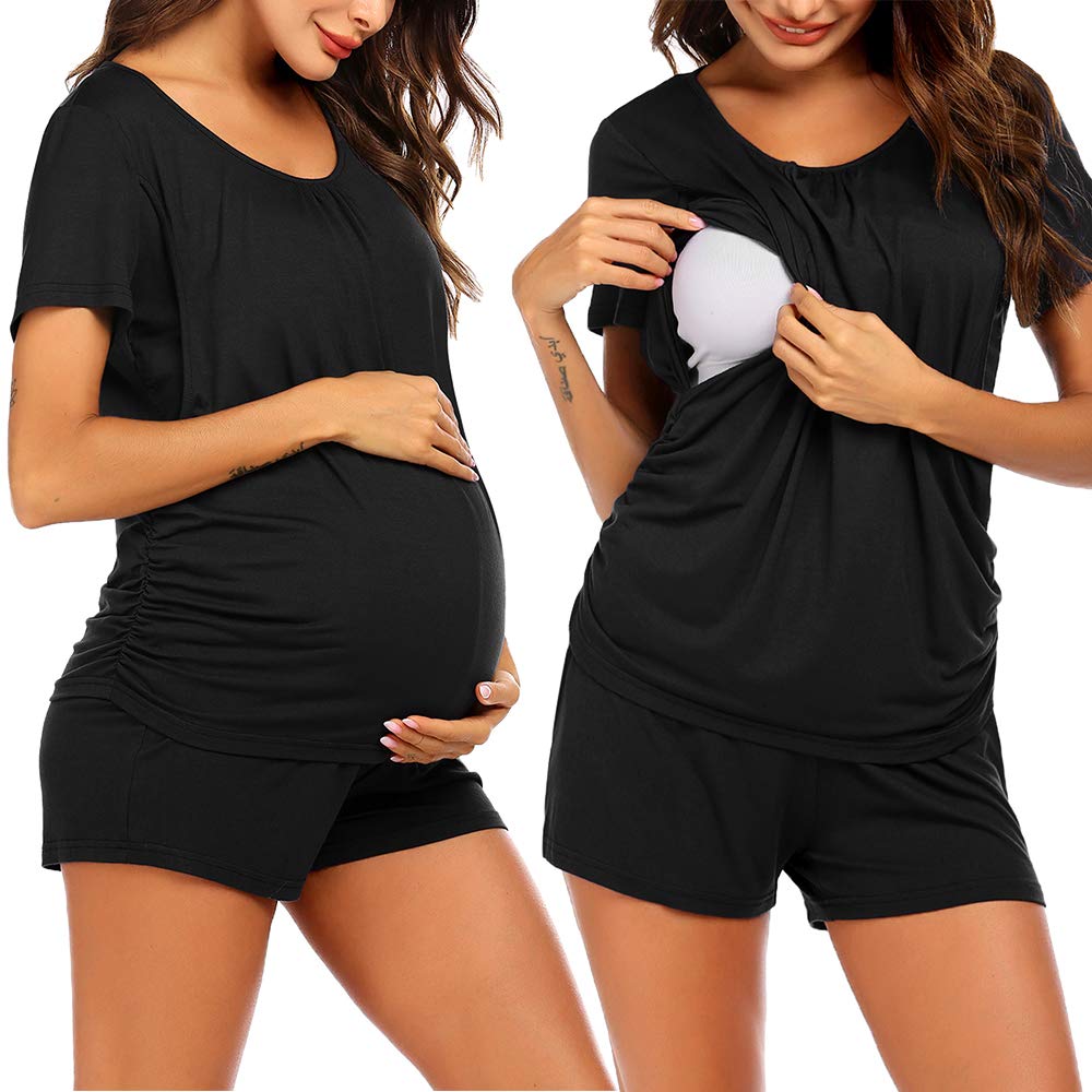 Ekouaer Maternity Sleepwear Nursing Pajamas for Hospital Nursing Pj Sets for Women Breastfeeding Post Pregnancy Clothes Black L