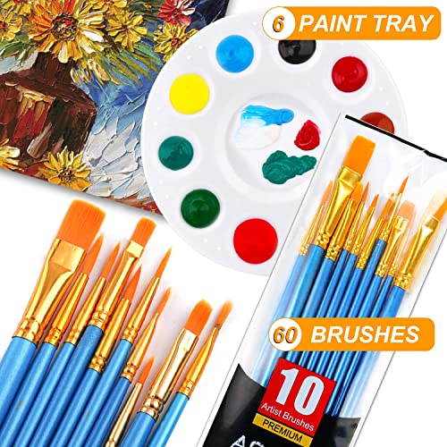 Painting Brush Palette Set, with 6 Packs of 60 Brushes and 6 Palettes,Nylon Brush Head, Suitable for Oil Watercolor, etc., Perfect Art Painting Set.