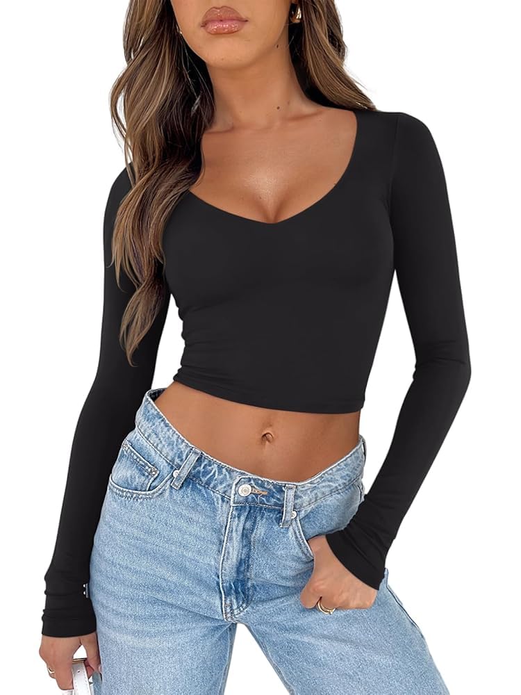 REORIA Women's V Neck Long Sleeve Slim Fitted Crop Tops Soft Layering Basic Shirt 2024 Fall Going Out Top Black