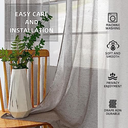 youleyar Natural Linen Sheer Curtains, 63 inch Length Grommet Top Semi Window Drapes, Light Reducing Linen Blend Sheer Curtain for Living Room and Bedroom, 2 Panels Gray