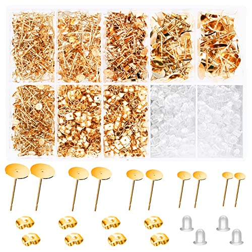VERACT Earring Posts and Backs, 2000Pcs Golden Hypoallergenic Earring Studs for Jewelry Making Kit and Butterfly Earring Backs and Rubber Earring Backs with Box (4mm, 5mm, 6mm, 8mm, 10mm)