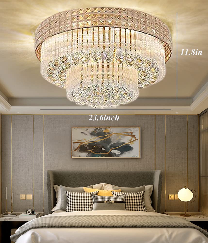 MORE CHANGE MoreChange 23.6inch Modern K9 Crystal Chandelier Luxury Ceiling Lamp Flush Mount LED Ceiling Light Fixture Pendant Lamp with Remote for Dining Room Bathroom Bedroom Livingroom