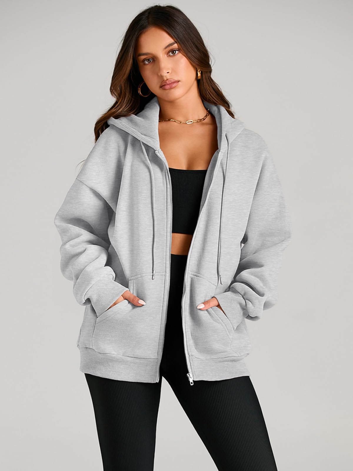 EFAN Women Zip Up Hoodies Oversized Sweatshirt Jacket 2024 Fall Fleece Cute Pullover Hooded Tops Teen Girls Casual Loose Fit Y2k Trendy Fashion Gym Clothes Outfits Grey S