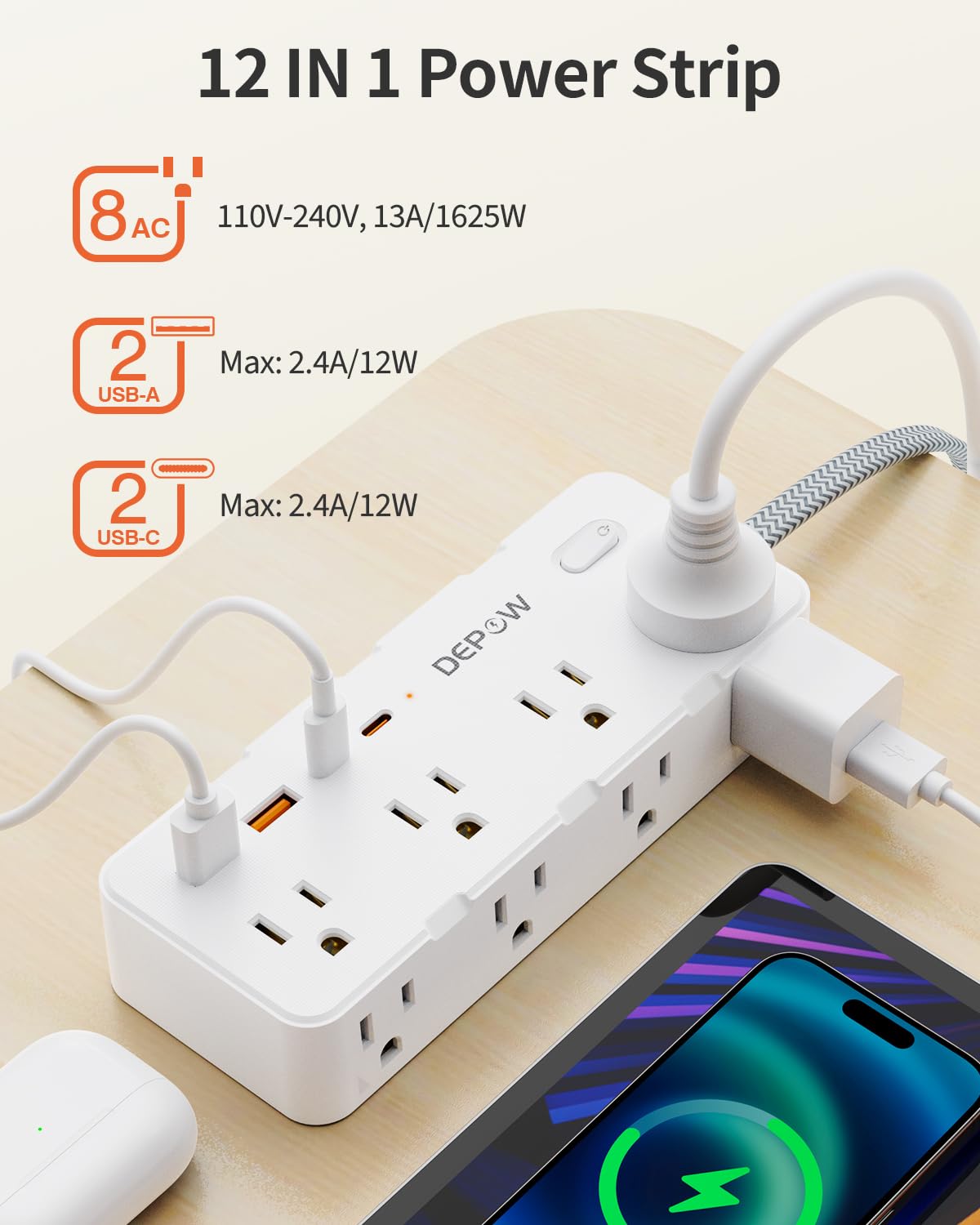 DEPOW Power Strip Surge Protector with 5FT Braided Flat Extension Cord, Wall Mount Charging Station with 8 Outlets 4 USB Ports(2 USB C), Ultra Thin Flat Plug for Home Office, Dorm, Hotel, Travel