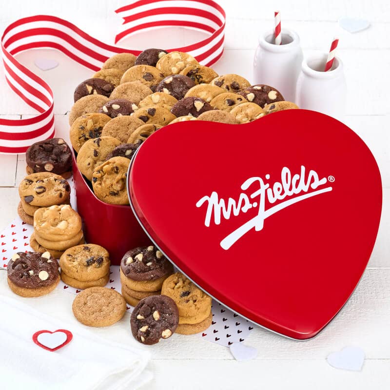 Mrs. Fields - Classic Heart Cookie Tin, Assorted with 60 Nibblers Bite-Sized Cookies in our 5 Signature Cookie Flavors