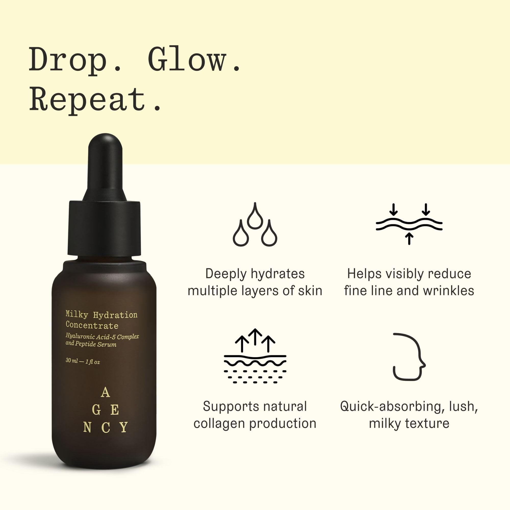 Milky Hydration Concentrate, Anti-Aging Hydrating Face Serum, Hyaluronic Acid-5 Complex and Peptides, Visibly Plumps and Smooths Skin, Agency by Curology, 1 fl oz