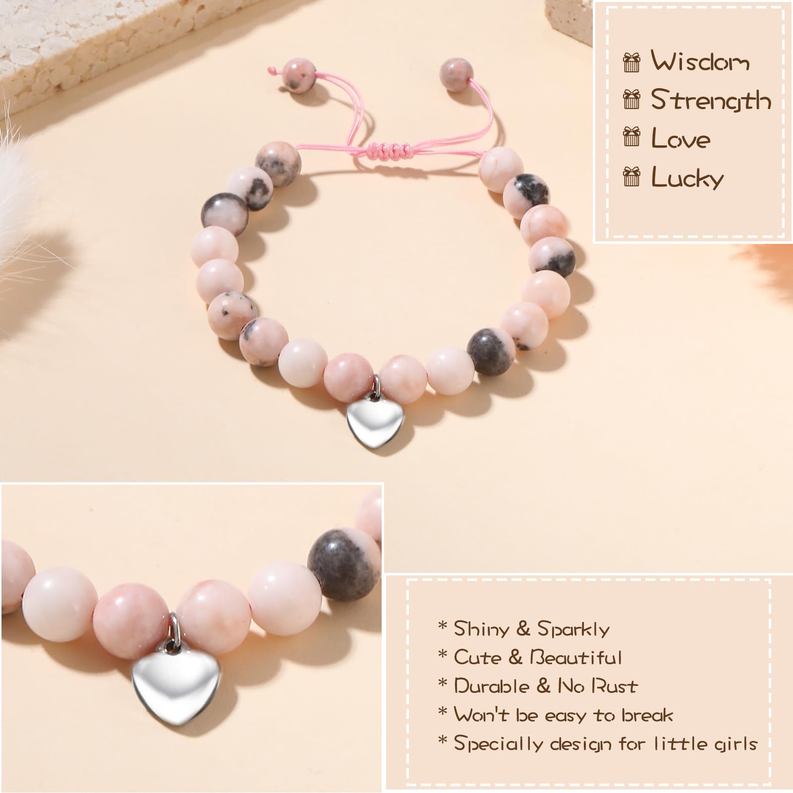 Alissl Back to School Gifts for Girls, Adjustable Pink Natural Stone Bracelet with Sweet Heart Charm Gifts for Teen Girls Daughter Granddaughter Niece