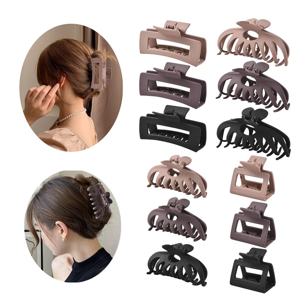 12 Pack Hair Claw Clips include 4.1 inch Large Clip and 2 inch Small Clip for Thick Thin Hair, Strong Hold jaw clip Big Non-slip Matte Hair Clips for Women,Neutral Colors…