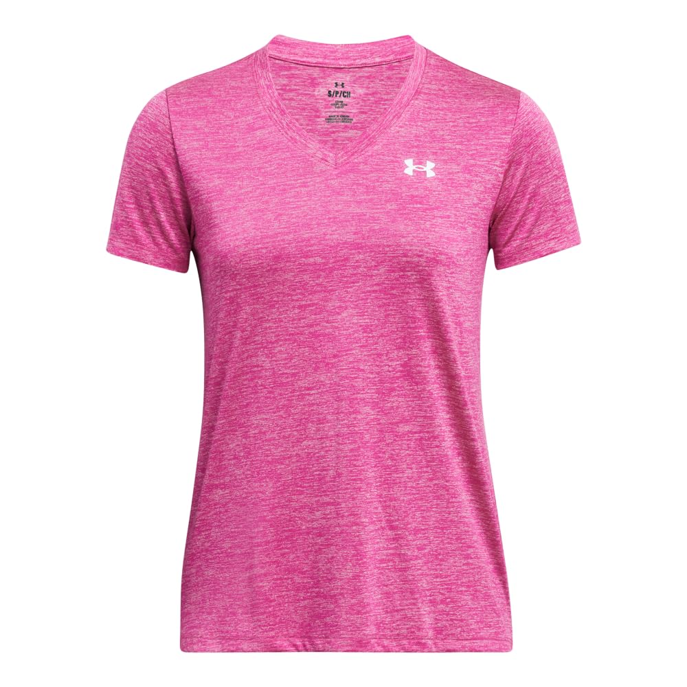 Under Armour Womens Tech Twist Short Sleeve V Neck, (652) Rebel Pink/Pink Elixir/White, Medium