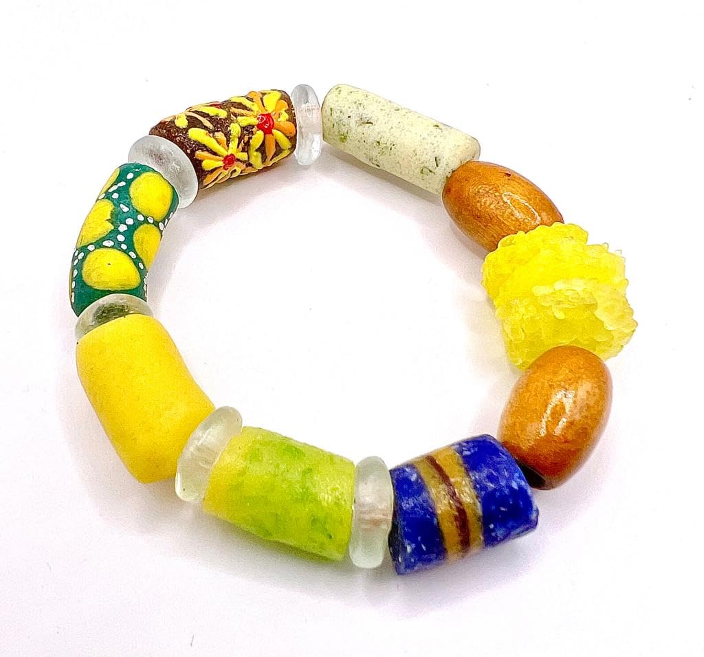 Glass Adornments Ghanaian Recycled Handmade Powder Glass Trade Bead Bracelet (M, Yellow)