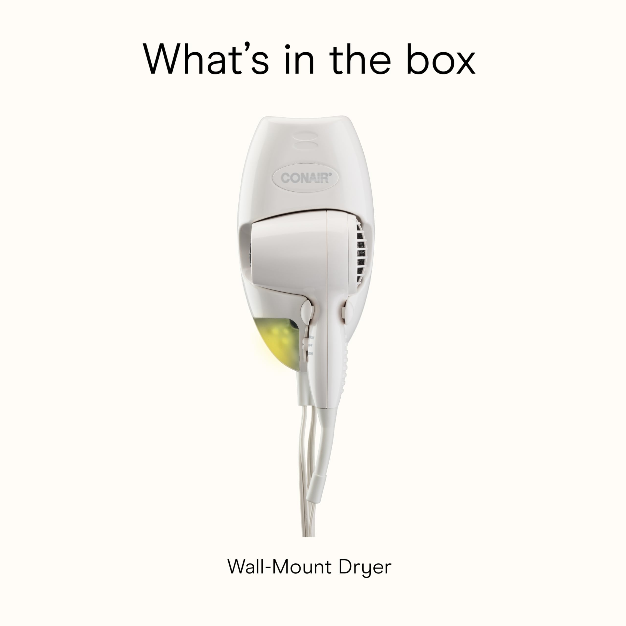 Conair Wall-Mount Hair Dryer, 1600W Blow Dryer with LED Nightlight, 2 Heat 2 Speed Settings, White