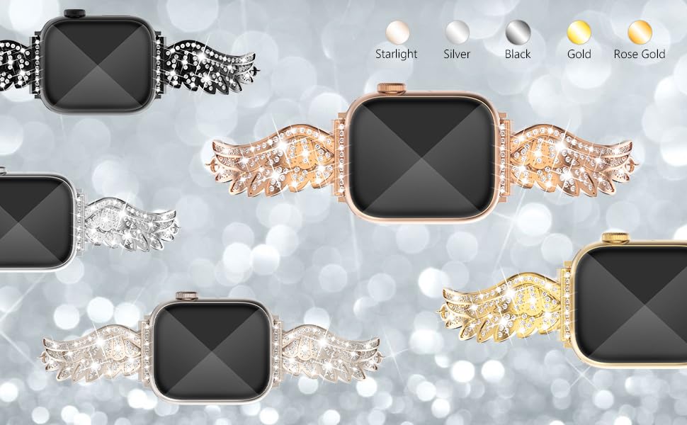 WINGLE for Apple Watch Bands 40mm 41mm 38mm for Women Series 9 8 7 6 5 4 3 2 1 SE, Sparkle Angel Wings Bling Diamond Rhinestone Apple Watch Metal Band Dressy Chain Bracelet for iWatch, Black