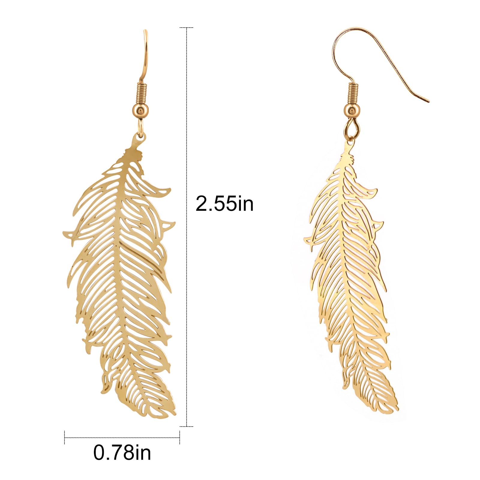 Gold Feather Leaf Drop Dangle Earrings for Women, Handmade Long Earrings Hypoallergenic Plant Earrings for Gift