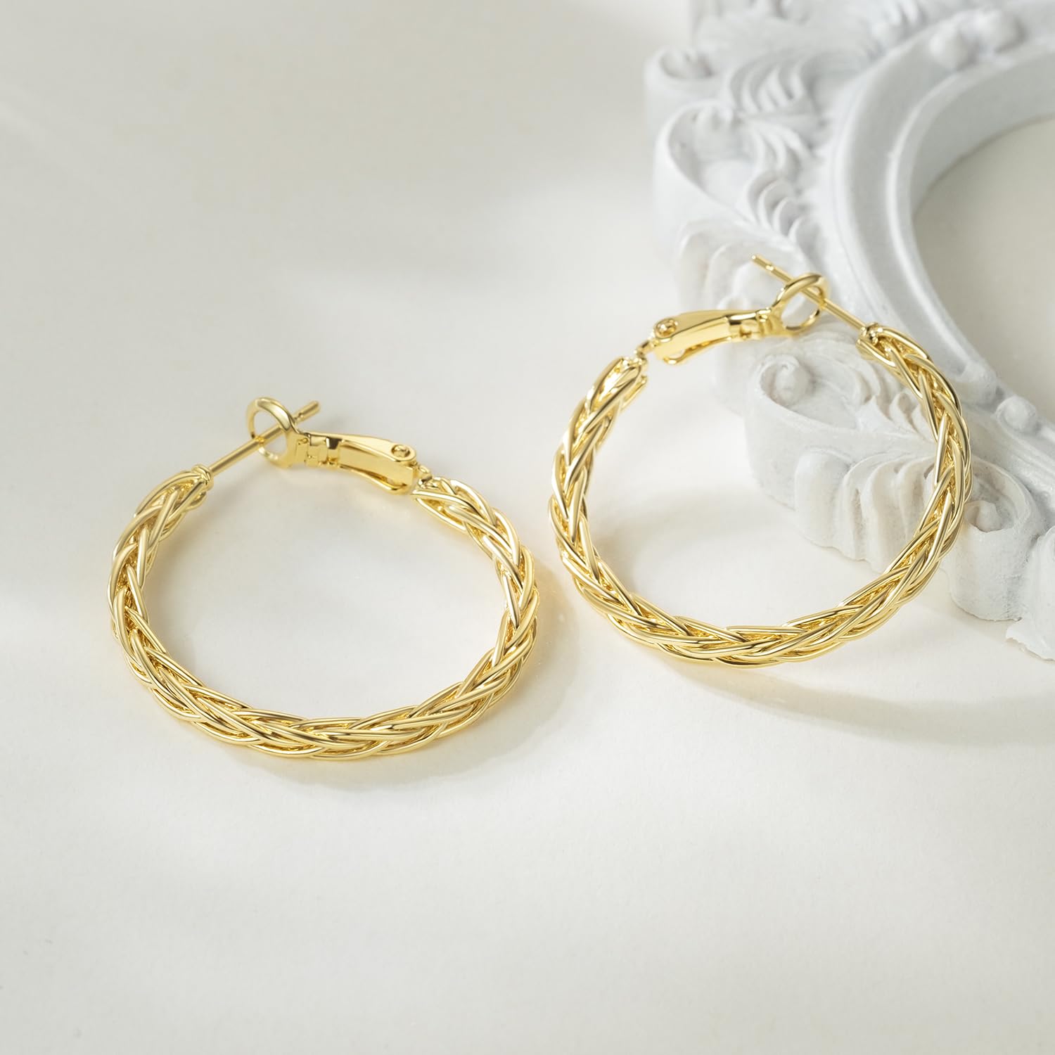 Gold Hoops 14K Gold Hoop Earrings for Women Unique Gold Hoops Gold Earrings Hoops Trendy Fine Weave Design 14K Gold Earrings Women Jewelry 30MM