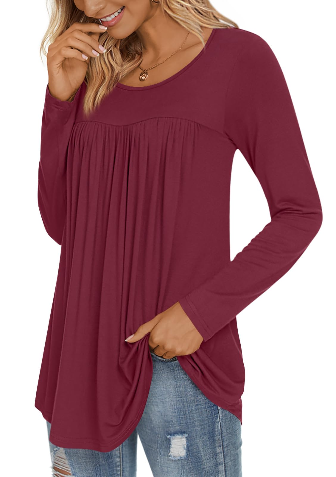 LONGYUAN Women's Long Sleeve Shirts Casual Tops Flare Tunic Loose Cute Shirt Blouse Burgundy Medium