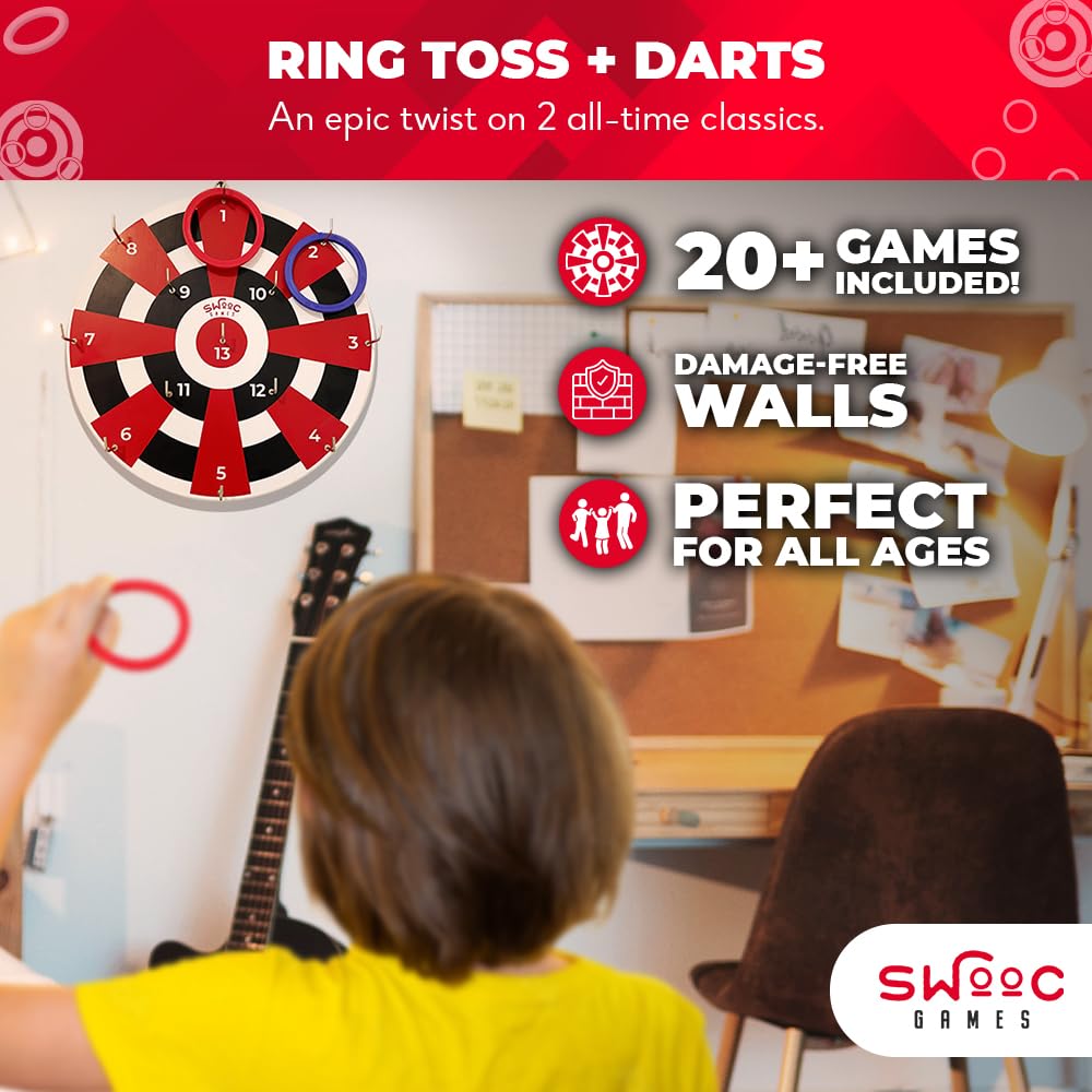 SWOOC Games ‒ Hook Darts Ring Toss Game ‒ Wood Board & Soft Rings ‒ 20+ Games Included for Kids & Adults ‒ Wall Mount Games ‒ Ring and Hook Game ‒ Ring Game ‒ Wall Games for Game Room, Patio, Garage