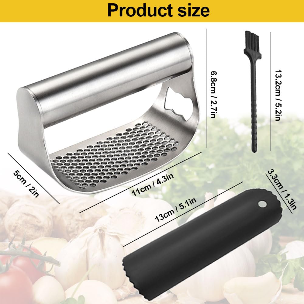 Stainless Steel Garlic Press,2024 Newest Garlic Press Stainless Steel Garlic Mincer Garlic Crusher with Peeler and Cleaning Brush,Handle Garlic Chopper for Smash Garlic Kitchen Tools (A)