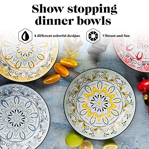 American Atelier Pasta Bowls | Set of 4 | Large, 9-inch, Dinner Serving Plates | Wide and Shallow Bowls Set for Pasta, Salad, Soup, Spaghetti, Stews, or Cereal | Medallion Motif (Blue & White)