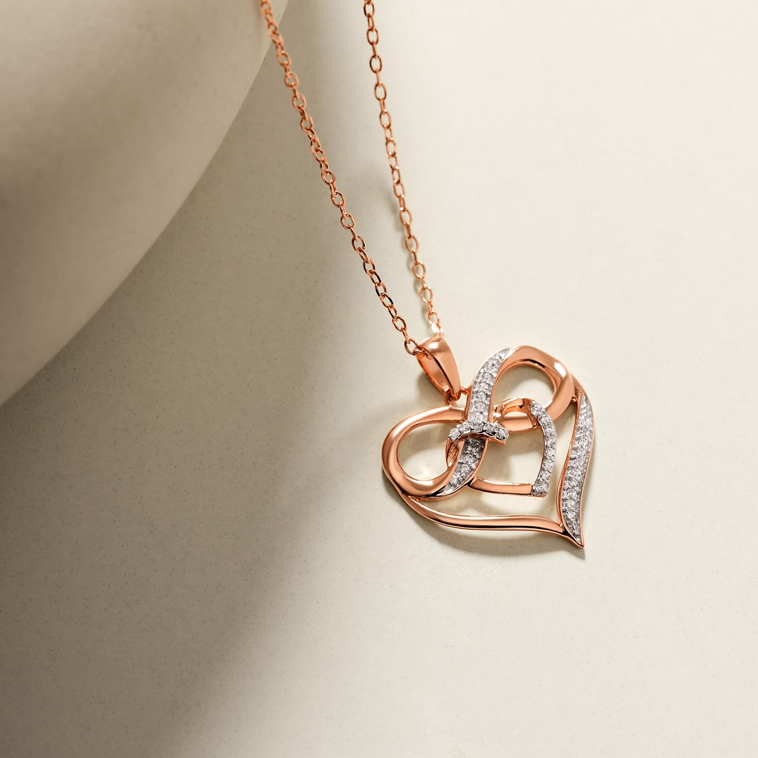 Cali Trove Double Heart Infinity Pendant for Women (Rose Gold) | 1/10cttw Real White Diamonds Necklace for Women | Double Heart Pendant Gift for her | Mother's Day Gift for Mom | Jewelry