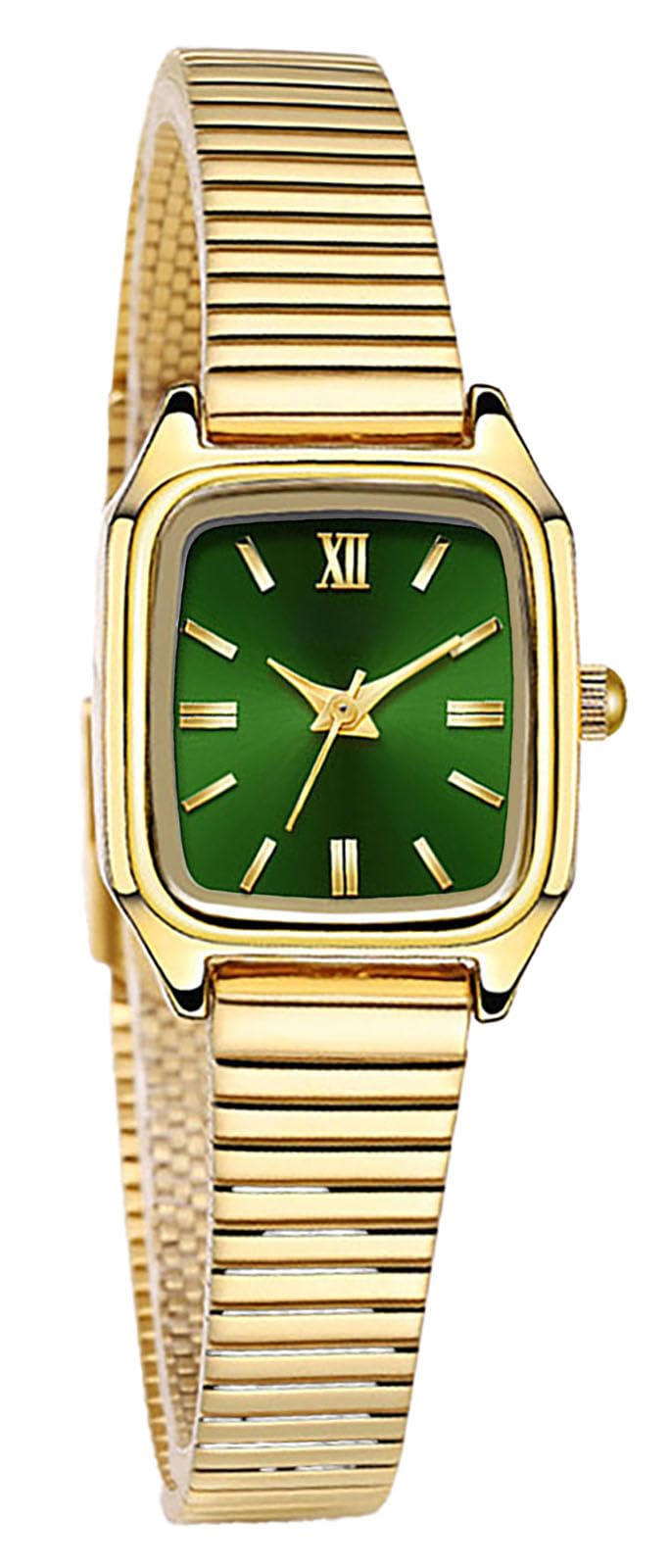 BESTKANG Vintage Square Women's Watch Stainless Band Women's Waterproof Easy-to-Read Gold Quartz Watch (Gold-Green)