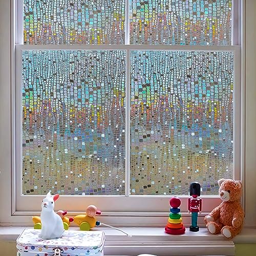 Beautysaid Window Privacy Film Stained Glass 3D Rainbow Prism Window Clings Heat Blocking Window Tint Sun Catchers Peel and Stick Decorative Window Decals Home Bathroom Door(Pure,35.4x118 in)