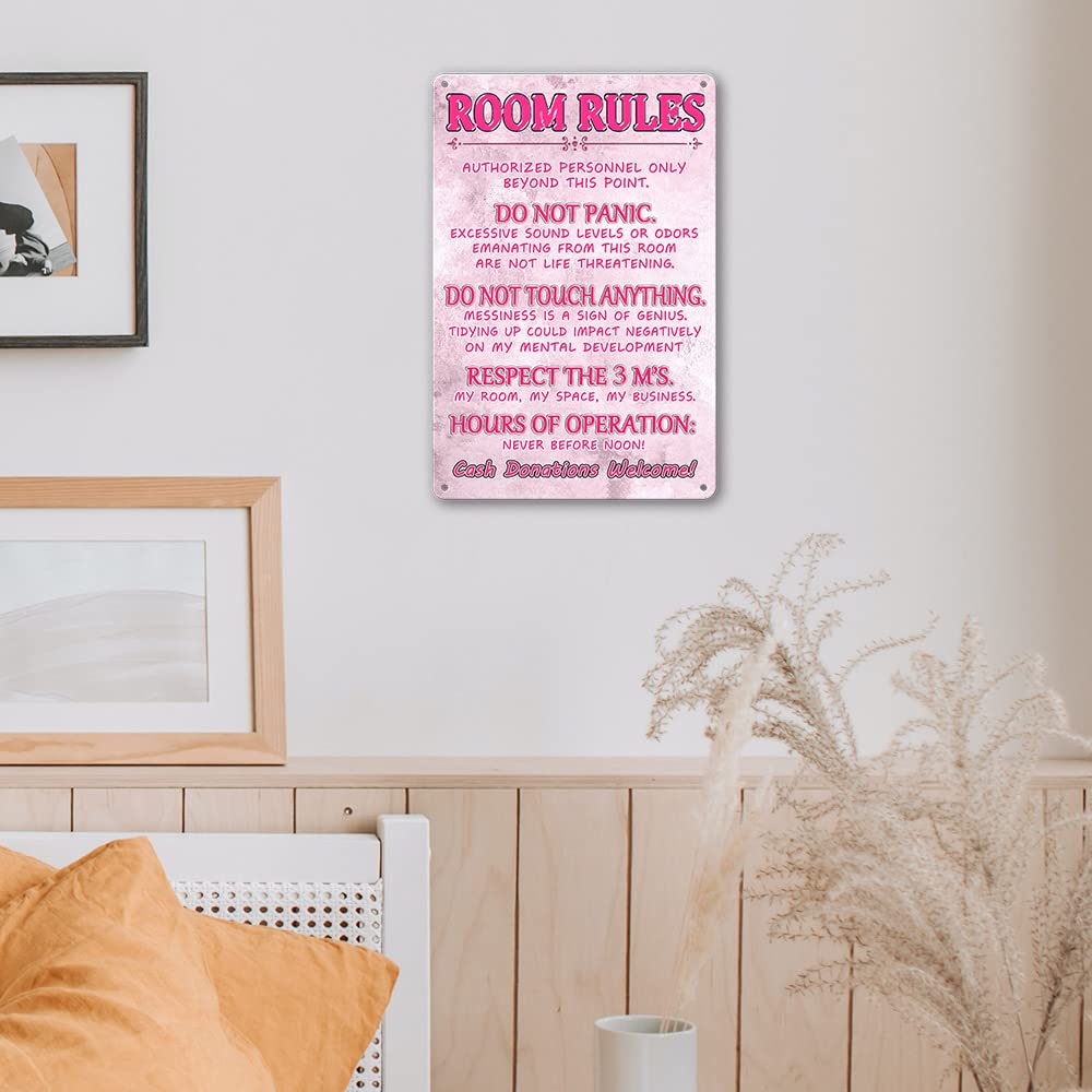 Pink Teen Girl Bedroom Decor - Cute Metal Tin Sign With Room Rules, Aesthetic and Preppy Decorations for Bedroom, 12 X 8 Inch